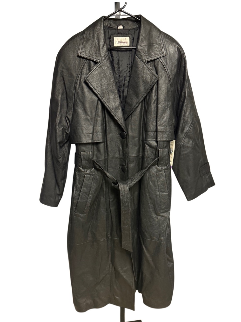 Vtg Worthington Black Leather Long Trench Coat Jacket Waist Tie Womens Size XL